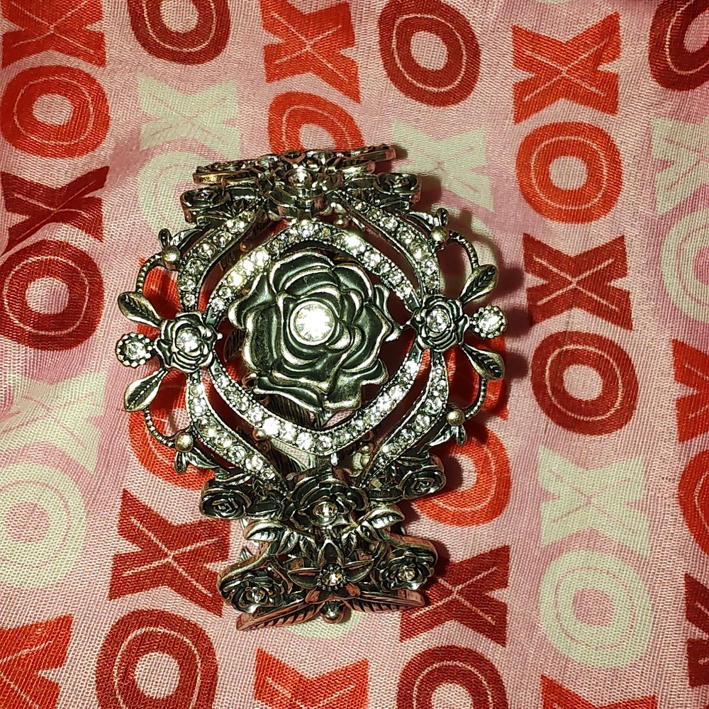 Vintage Silver Tone Hinged Rose Clamp Bracelet W/Rhinestones & Faux Pearls - Picture 3 of 5